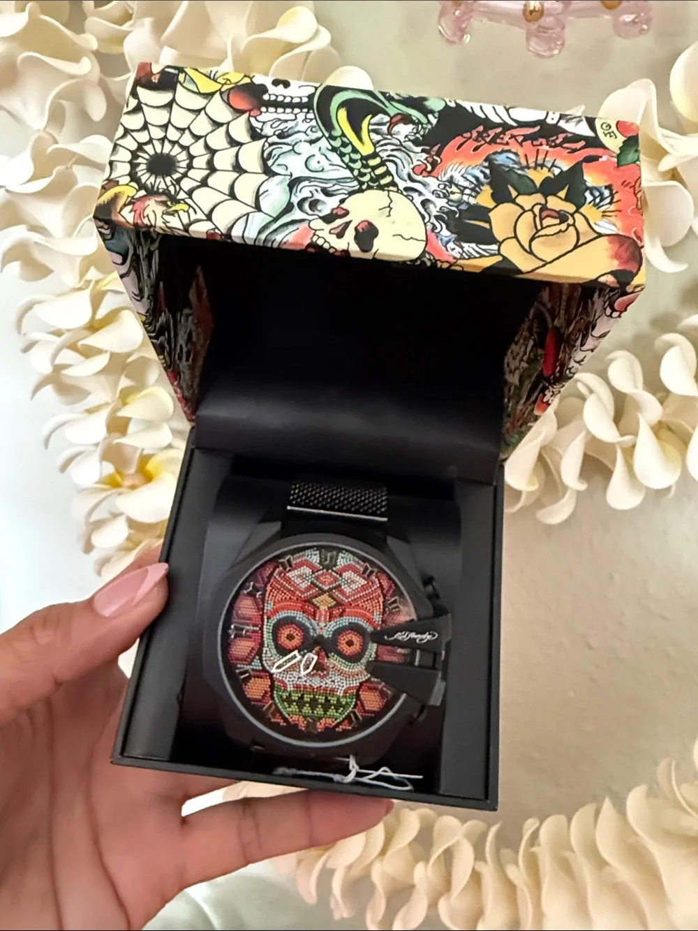 Ed Hardy Multicolor Skull Mosaic Mesh Strap Watch